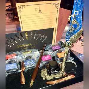 High End Calligraphy Set w. Feather Quill, 8 ink bottles, 10+ Quill Tips, & more